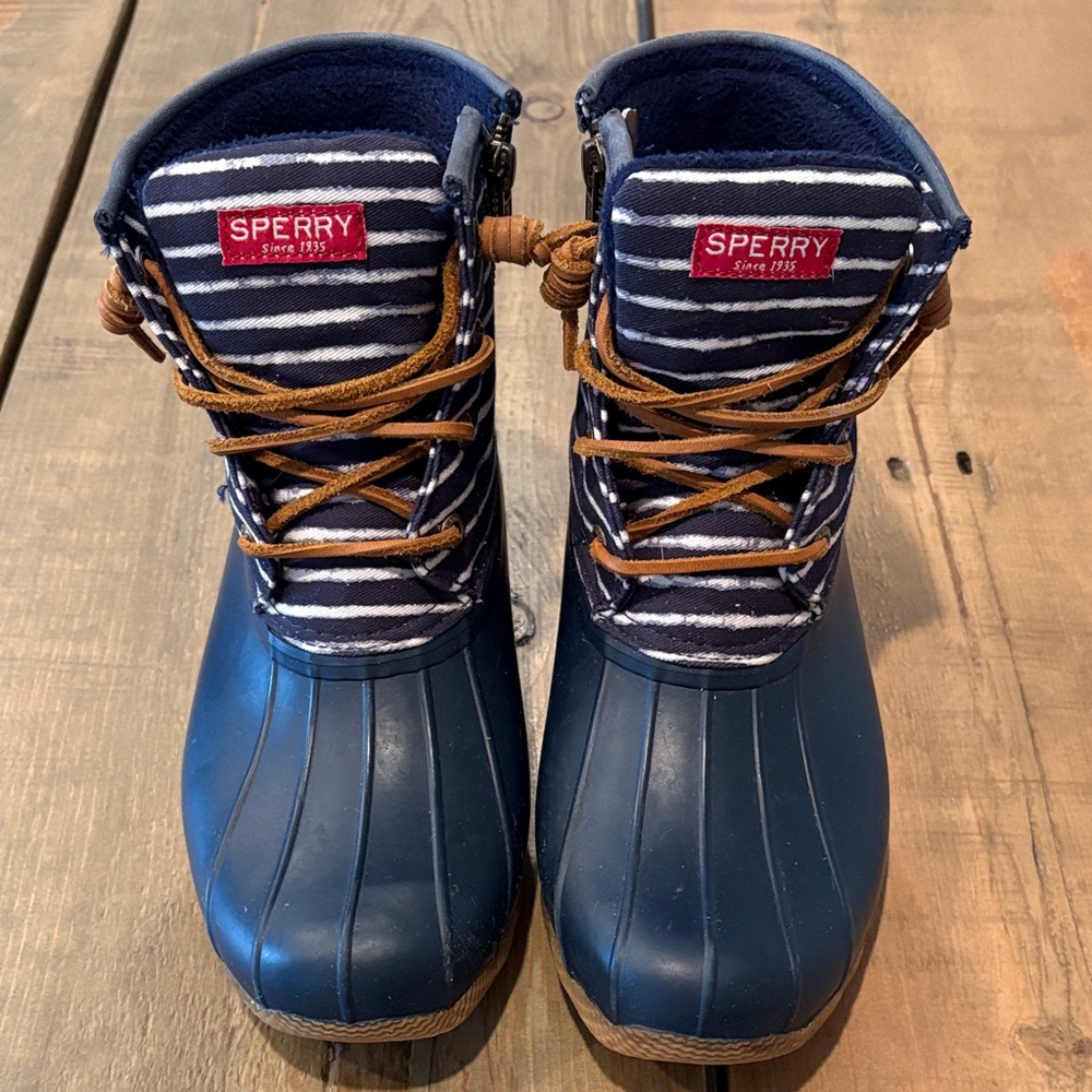 Sperry Navy Striped Duck Boots 6.5